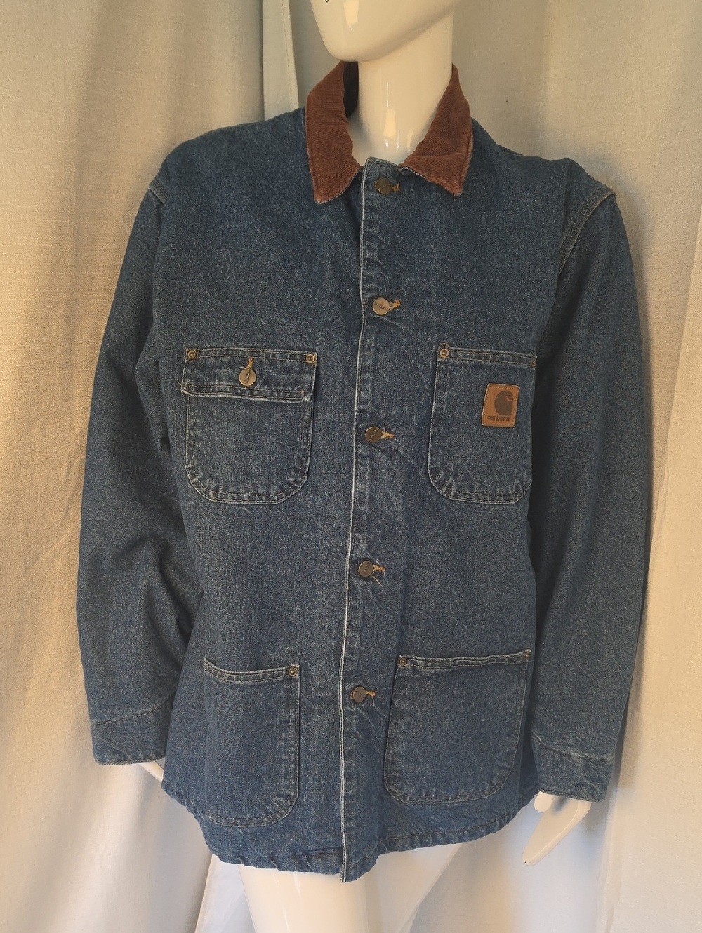 Men's Vintage Carhartt Denim Lined Jacket with Brown Corduroy Collar Size XL
